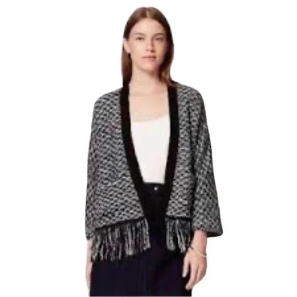 Ann Taylor LOFT Knit Crochet Black + Gray Fringe Trimmed Cardigan Size Small